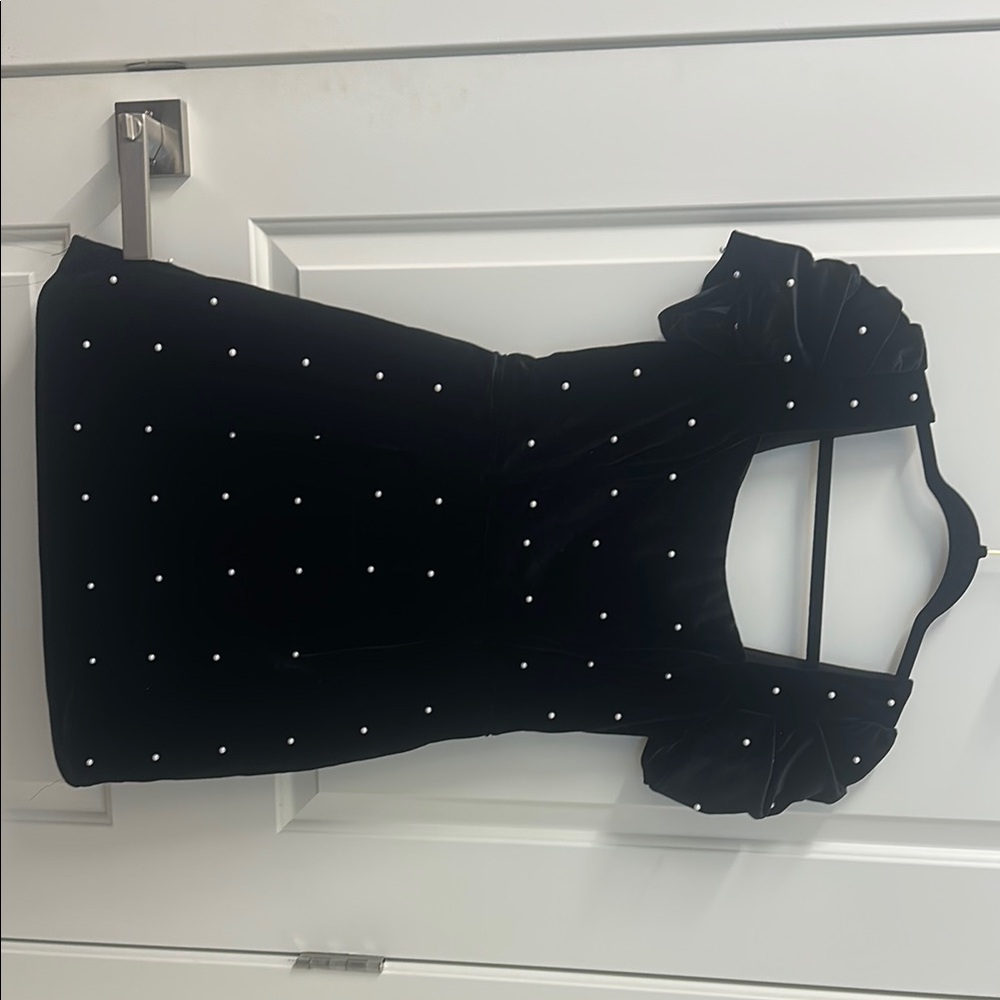 Black Velvet Dress with White Pearls